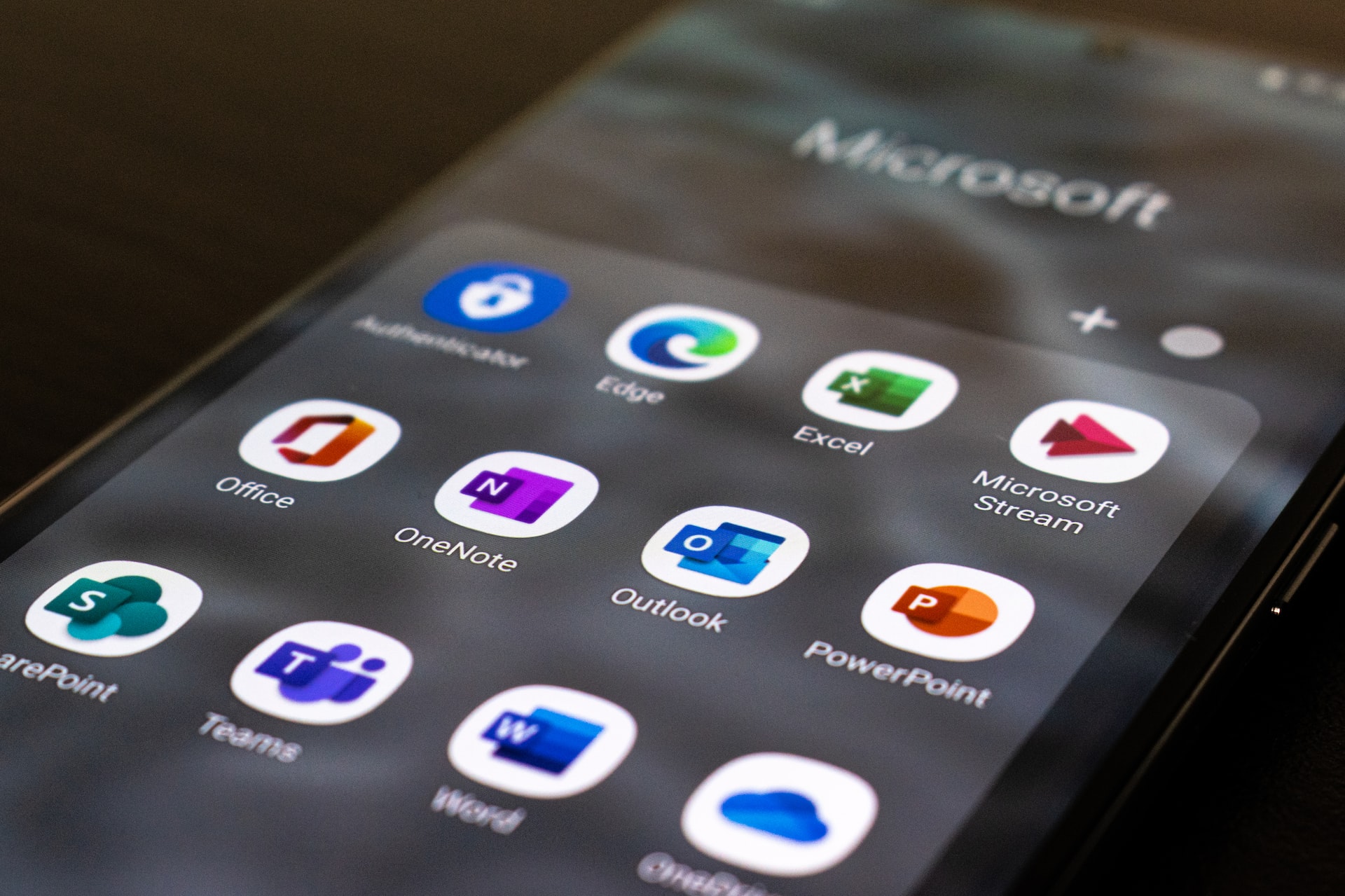 A photo showing Microsoft 365 applications on a mobile phone
